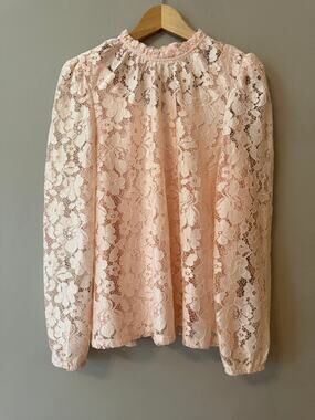 Cloth & Portrait Peach Pink Floral Lace Mock Neck Long Sleeve Blouse Top Sz L